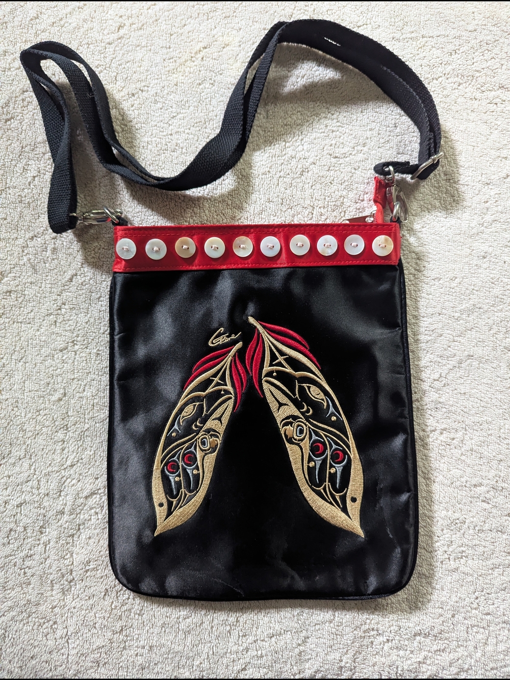 $16 Goldentop Canada Coast Salish "Two Feathers" Embroidered Crossbody Purse EUC